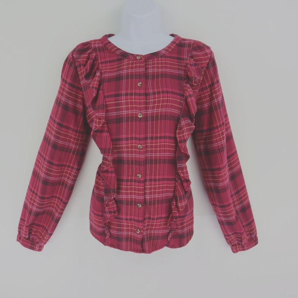 Sonoma Button Up Shirt Ruffle Front Womens Size S Burgundy Plaid Long‎ Sleeve
